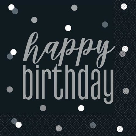 Unique Party Servetten Zwart Zilver Glitz Happy Birthday 33x33cm | 16 stuks Unique Party Servetten Zwart Zilver Glitz Happy Birthday 33x33cm | 16 stuks
