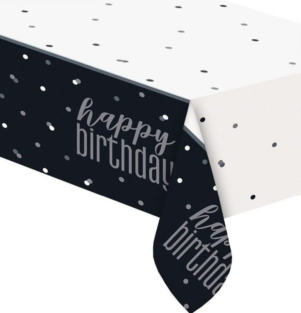 Unique Party Tischdecke „Happy Birthday“, Schwarz-Silber-Glitzer, 137 x 213 cm | pro Stück