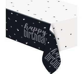 Unique Party Tischdecke „Happy Birthday“, Schwarz-Silber-Glitzer, 137 x 213 cm | pro Stück