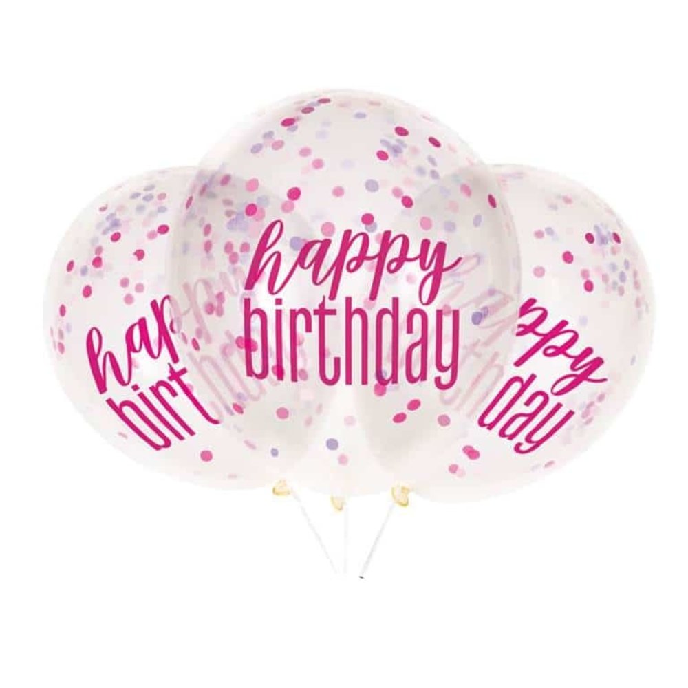 Unique Party Happy Birthday Confetti Balloons Pink Glitter 30cm | 6 pieces