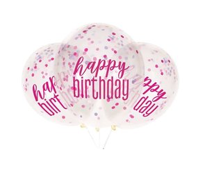 Unique Party Confetti ballonnen Happy Birthday Roze Glitz 30cm | 6 stuks Unique Party Confetti ballonnen Happy Birthday Roze Glitz 30cm | 6 stuks