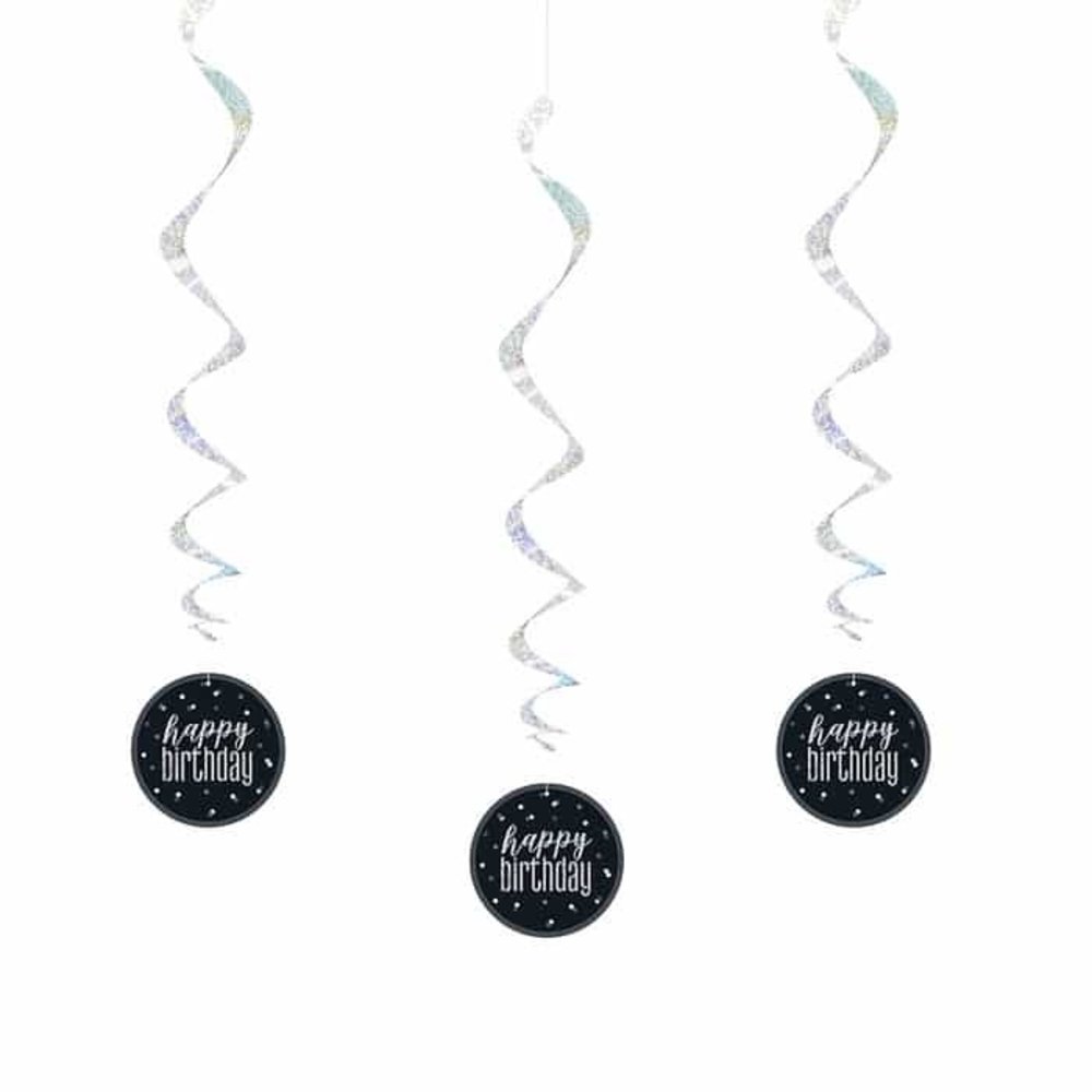 Glitz Happy Birthday Hanging Decoration Black Silver | 6 pieces