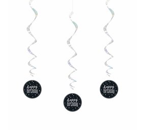 Glitz Happy Birthday Hanging Decoration Black Silver | 6 pieces