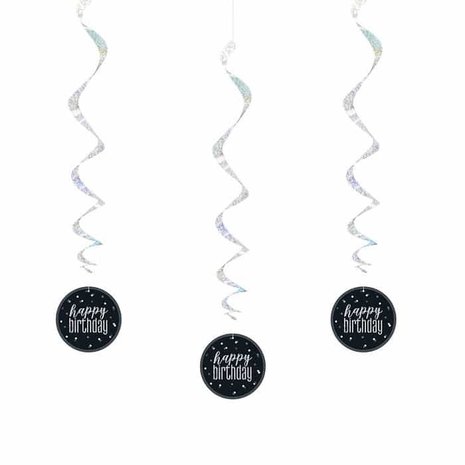 Glitz Happy Birthday Hanging Decoration Black Silver | 6 pieces