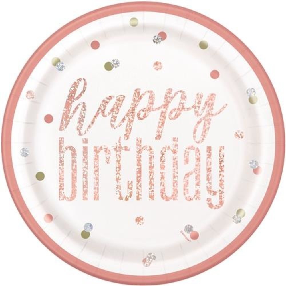 Unique Party Borden Glitz Rose Goud Happy Birthday 23cm | 8 stuks Unique Party Borden Glitz Rose Goud Happy Birthday 23cm | 8 stuks