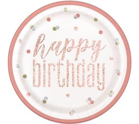 Unique Party Assiettes « Joyeux anniversaire » or rose pailleté 23 cm | 8 pièces