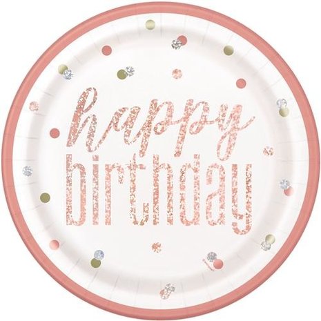 Unique Party Borden Glitz Rose Goud Happy Birthday 23cm | 8 stuks Unique Party Borden Glitz Rose Goud Happy Birthday 23cm | 8 stuks