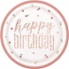 Unique Party Glitz Rose Gold Happy Birthday Plates 23cm | 8 pieces