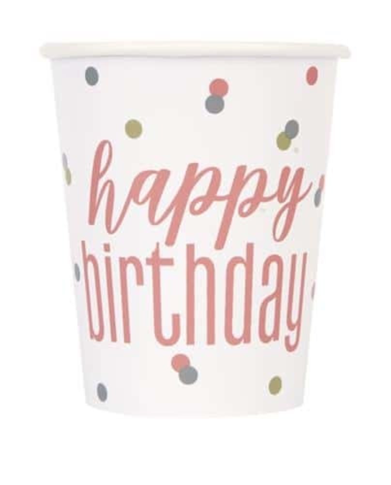 Unique Party Happy Birthday Tassen Roségold Glitzer 250ml | 8 Stück