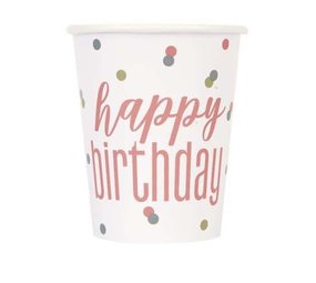Unique Party Happy Birthday Tassen Roségold Glitzer 250ml | 8 Stück