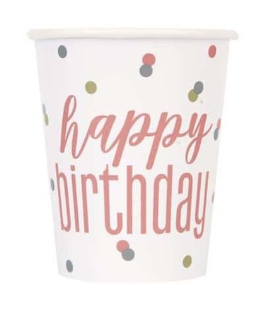 Unique Party Happy Birthday Tassen Roségold Glitzer 250ml | 8 Stück