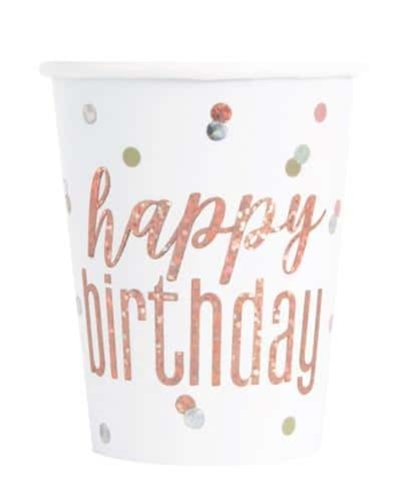 Unique Party Mug rose doré à paillettes « Joyeux anniversaire » | 8 pièces