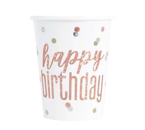 Unique Party Mug rose doré à paillettes « Joyeux anniversaire » | 8 pièces