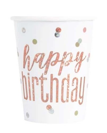 Unique Party Mug rose doré à paillettes « Joyeux anniversaire » | 8 pièces