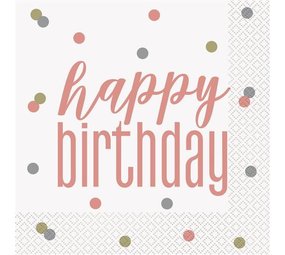 Serviettes de table Rose Gold Glitter « Joyeux anniversaire » 33 x 33 cm | 16 pièces
