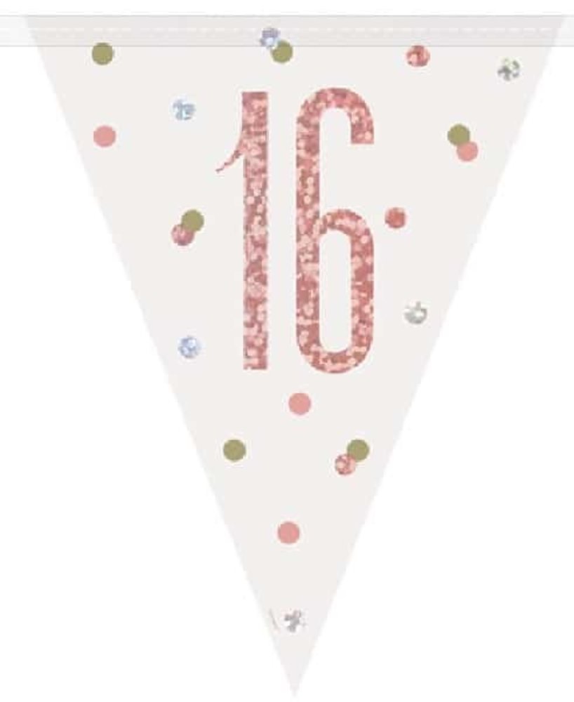 Unique Party Flaggengirlande „16 Jahre“ – Roségold-Glitzer | 274 cm