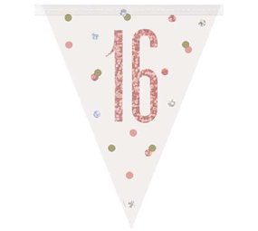 Unique Party Flaggengirlande „16 Jahre“ – Roségold-Glitzer | 274 cm