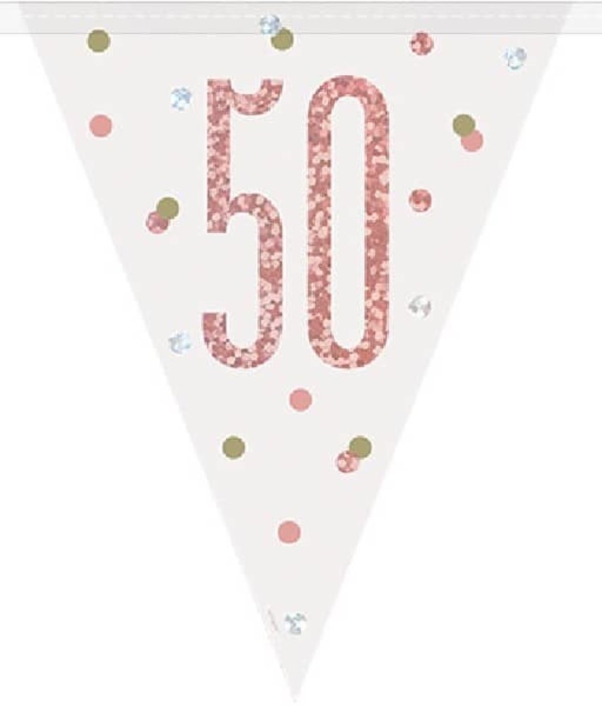 Unique Party Flaggengirlande „50 Jahre“ – Roségold-Glitzer | 274 cm