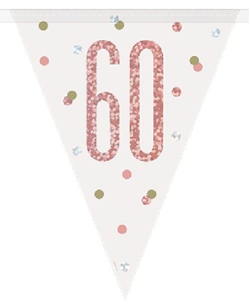 Unique Party Flaggengirlande „60 Jahre Roségold-Glitzer“ | 274 cm