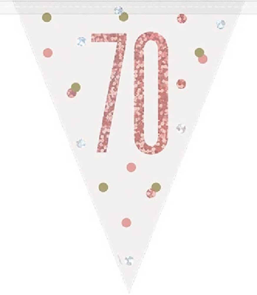 Unique Party Flaggengirlande „70 Jahre“ – Roségold-Glitzer | 274 cm