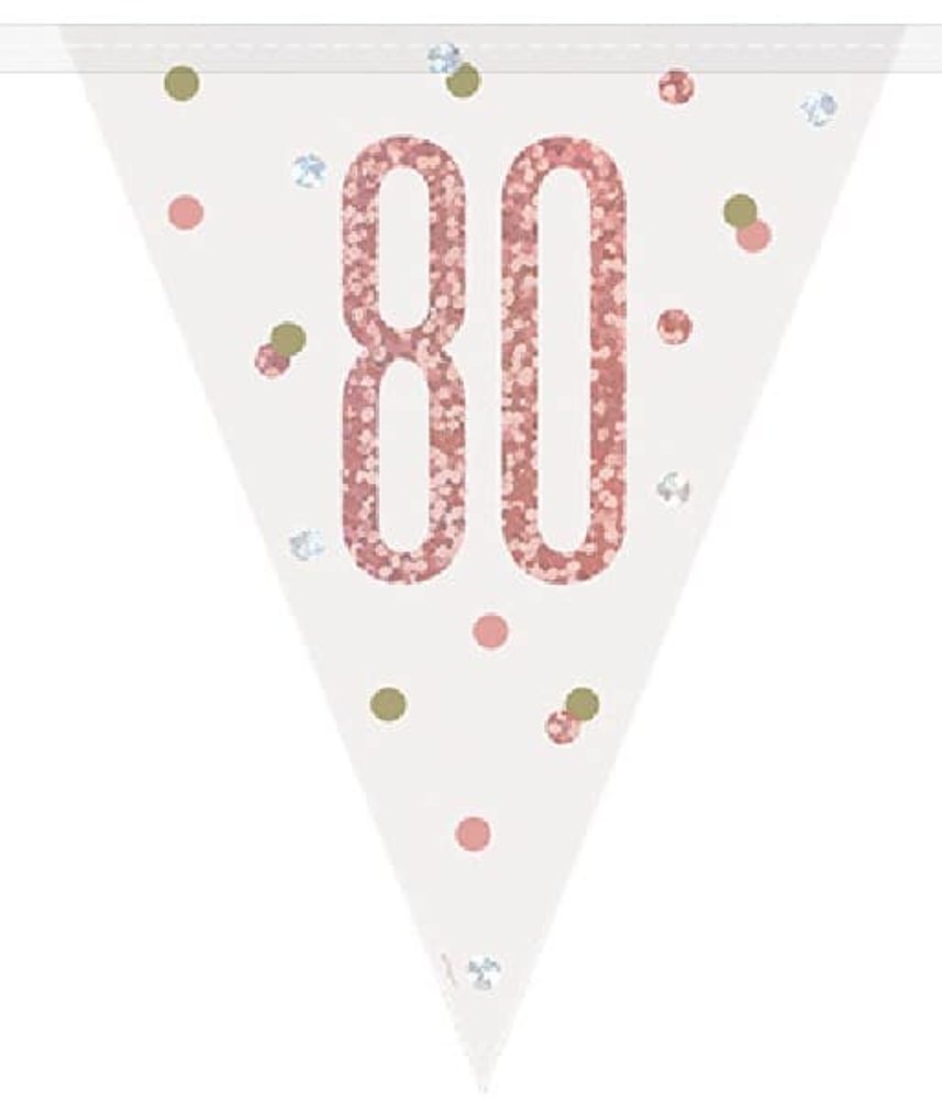 Unique Party Flaggengirlande „80 Jahre“ – Roségold-Glitzer | 274 cm