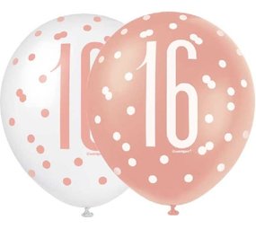 Unique Party Ballons, 16 Jahre, Glitzer, Roségold | 6 Stück