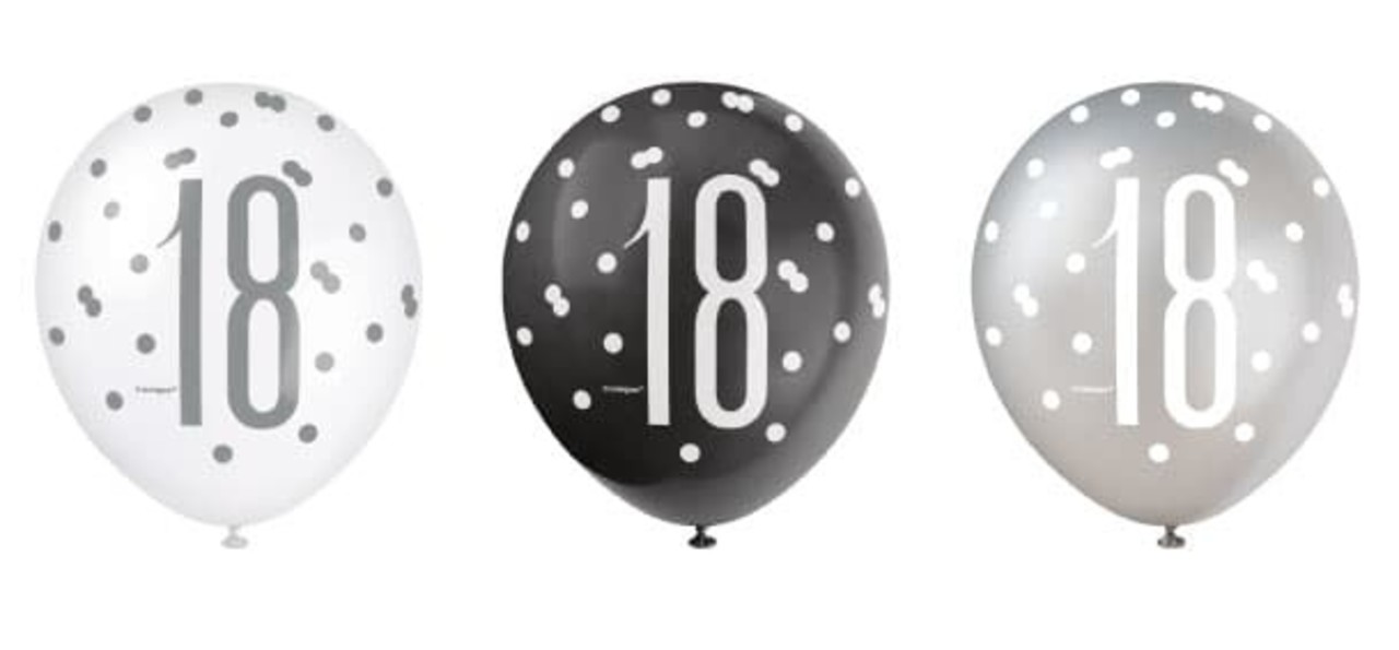 18th Birthday Balloons Glitz Black Silver | 6 pieces
