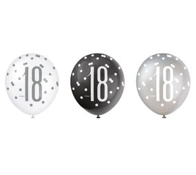 Ballonnen 18 jaar Glitz Zwart Zilver | 6 stuks