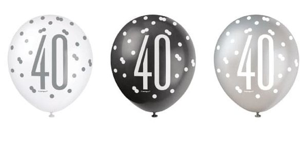 Ballons 40 ans Glitz Noir Argent | 6 pièces