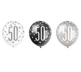 Unique Party Ballonnen 50 jaar Glitz Zwart Zilver 30cm | 6 stuks Unique Party Ballonnen 50 jaar Glitz Zwart Zilver 30cm | 6 stuks