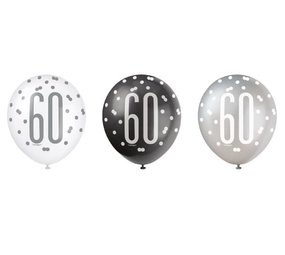 Ballonnen 60 jaar Glitz Zwart Zilver | 6 stuks Ballonnen 60 jaar Glitz Zwart Zilver | 6 stuks