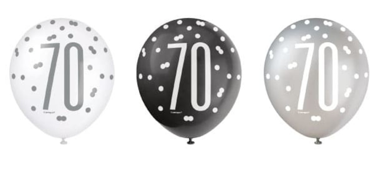Glitzernde Luftballons zum 70. Geburtstag, Schwarz-Silber | 6 Stück
