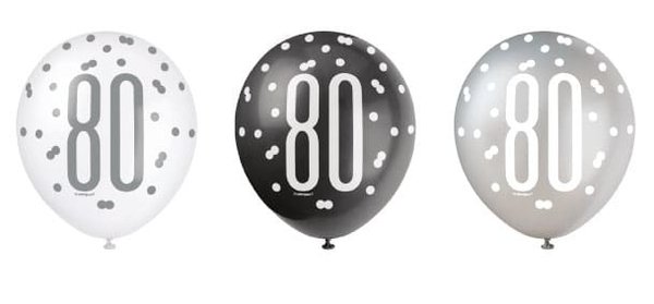 80th Birthday Balloons Glitz Black Silver | 6 pieces