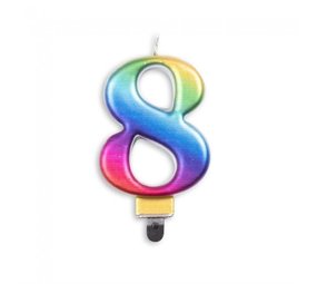 WeFiesta Kerze „8 Jahre Regenbogen Metallic“ | 8 cm