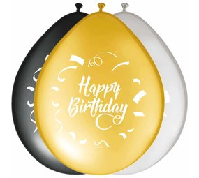 Happy Birthday Balloons Gold, Silver, Black 30cm | 8 pieces