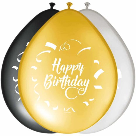 Happy Birthday-Luftballons Gold, Silber, Schwarz 30 cm | 8 Stück