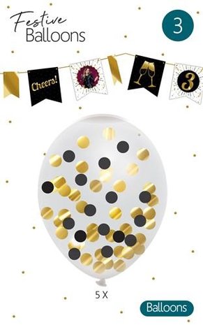Haza - Witbaard Ballons confettis noirs et dorés | 5 pièces