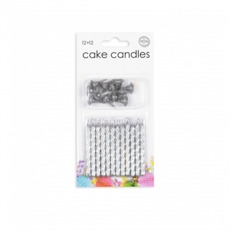 Silver metallic cake candles | 12 pieces with separate holders