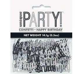 Unique Party Confetti Happy Birthday Zilver Zwart Glitz | 14gr Unique Party Confetti Happy Birthday Zilver Zwart Glitz | 14gr