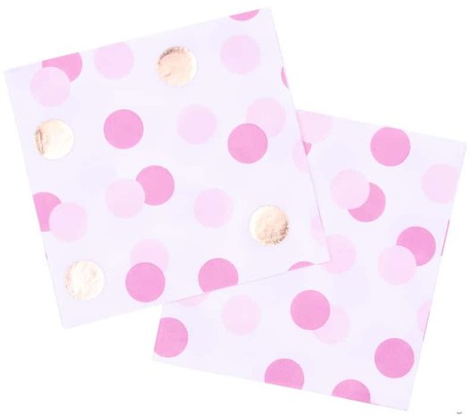 Serviettes blanches à pois roses et dorés | 16 pièces