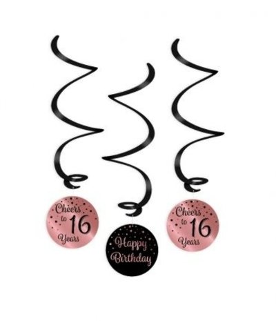 Paper Dreams Swirls Cheers to 16 years rose goud/zwart | per 3 stuks Paper Dreams Swirls Cheers to 16 years rose goud/zwart | per 3 stuks
