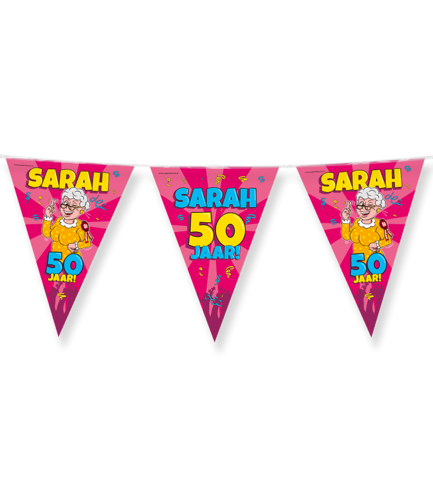 Sarah Cartoon 50 jaar Vlaggenlijn Slinger 10mtr | per stuk Sarah Cartoon 50 jaar Vlaggenlijn Slinger 10mtr | per stuk