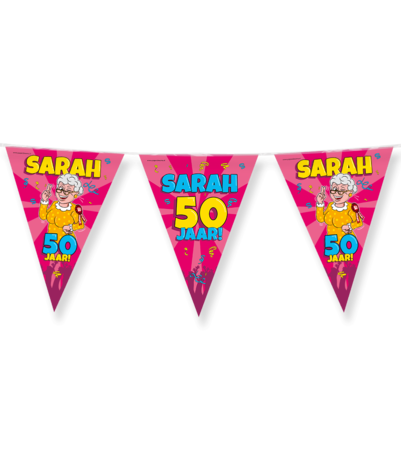 Sarah Cartoon 50 jaar Vlaggenlijn Slinger 10mtr | per stuk Sarah Cartoon 50 jaar Vlaggenlijn Slinger 10mtr | per stuk