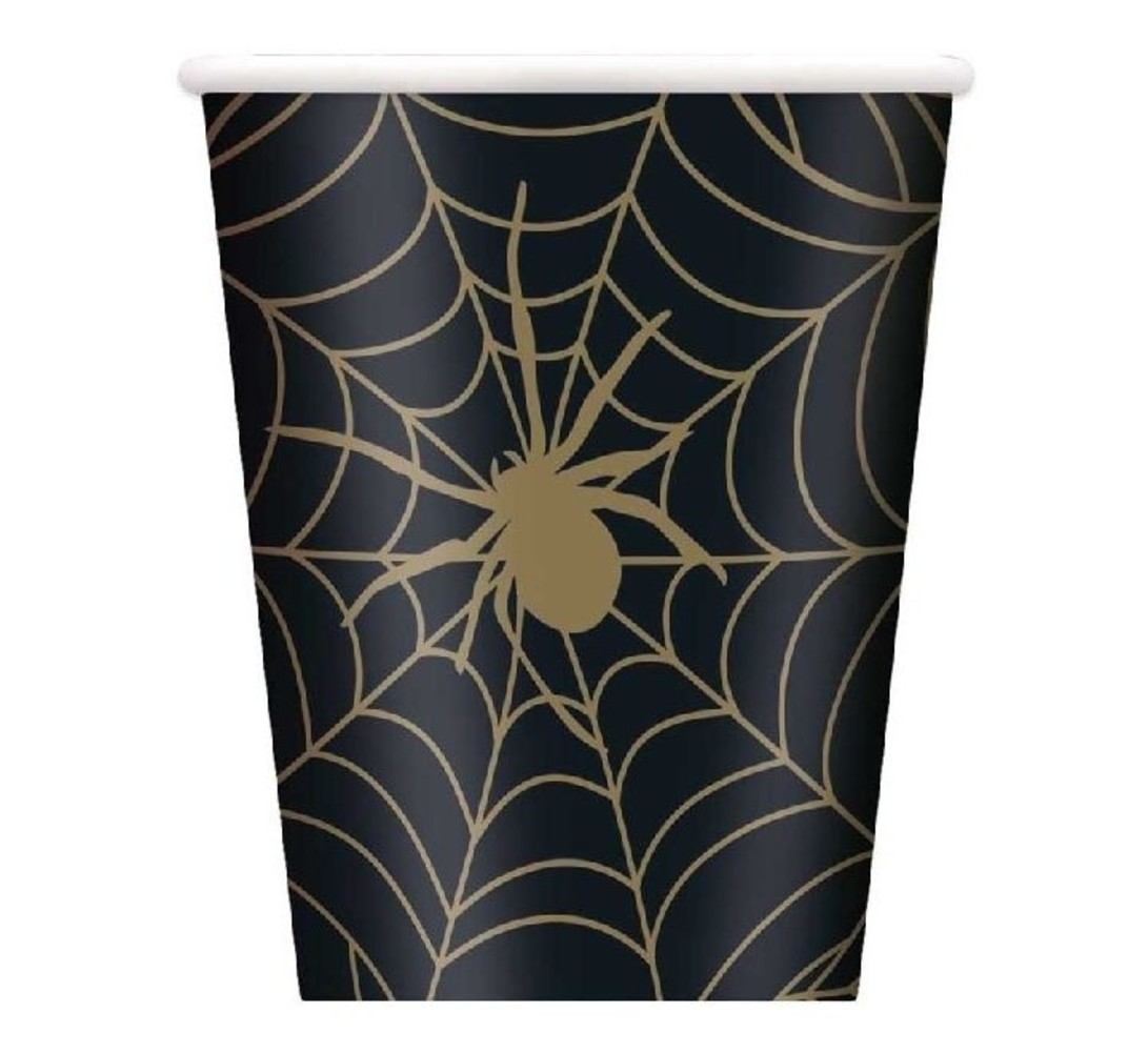 Unique Party Spinnennetz-Becher schwarz-gold 270 ml | 8 Stück
