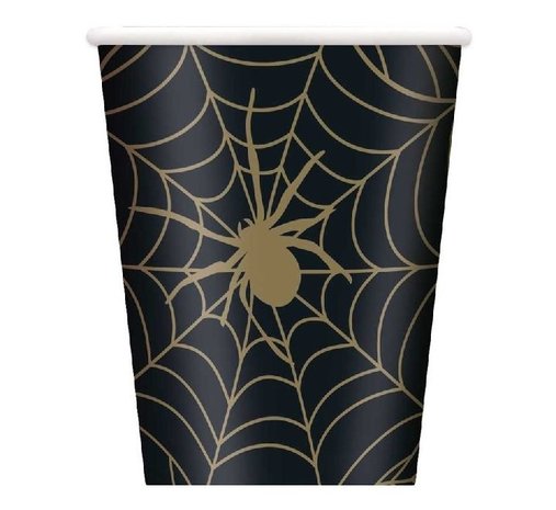 Unique Party Spinnennetz-Becher schwarz-gold 270 ml | 8 Stück