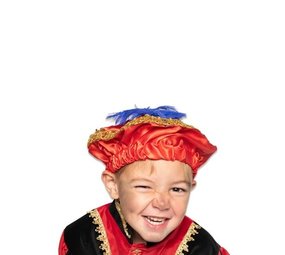 Haza - Witbaard Pietbaret satijn met veer rood Haza - Witbaard Pietbaret satijn met veer rood