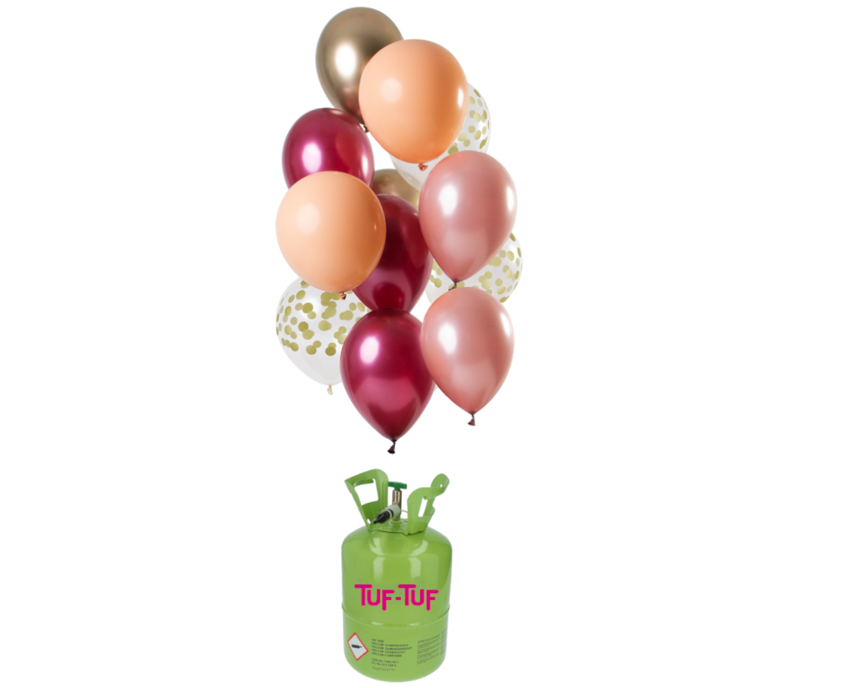 Tuf-Tuf Helium Tank met 24 Rich Ruby Ballonnen en Lint | per set Tuf-Tuf Helium Tank met 24 Rich Ruby Ballonnen en Lint | per set