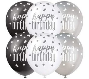 Happy Birthday Balloon Glitz black silver white | 6 pieces