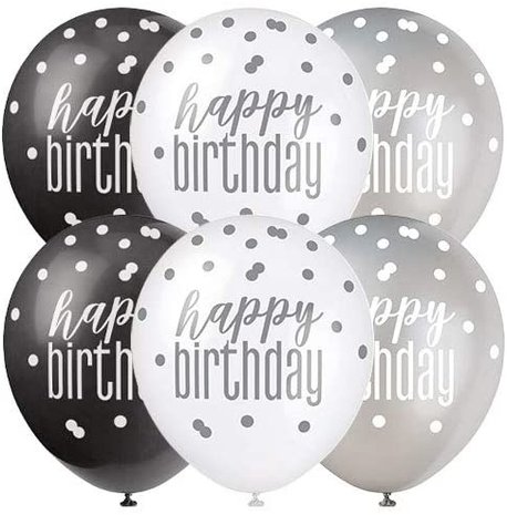 Ballon Happy Birthday Glitz zwart zilver wit | 6 stuks Ballon Happy Birthday Glitz zwart zilver wit | 6 stuks