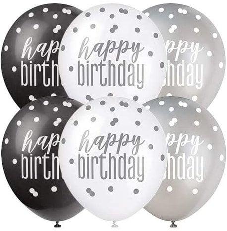 Ballons d'anniversaire scintillants noir, argent et blanc | 6 pièces